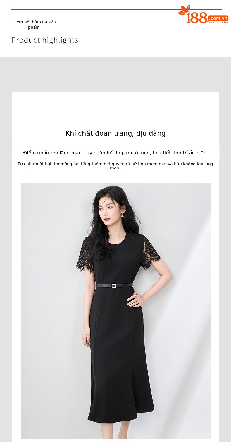 Váy đuôi cá ren móc hoa khâu phối thanh lịch đi làm — Màu đen chi tiết 4