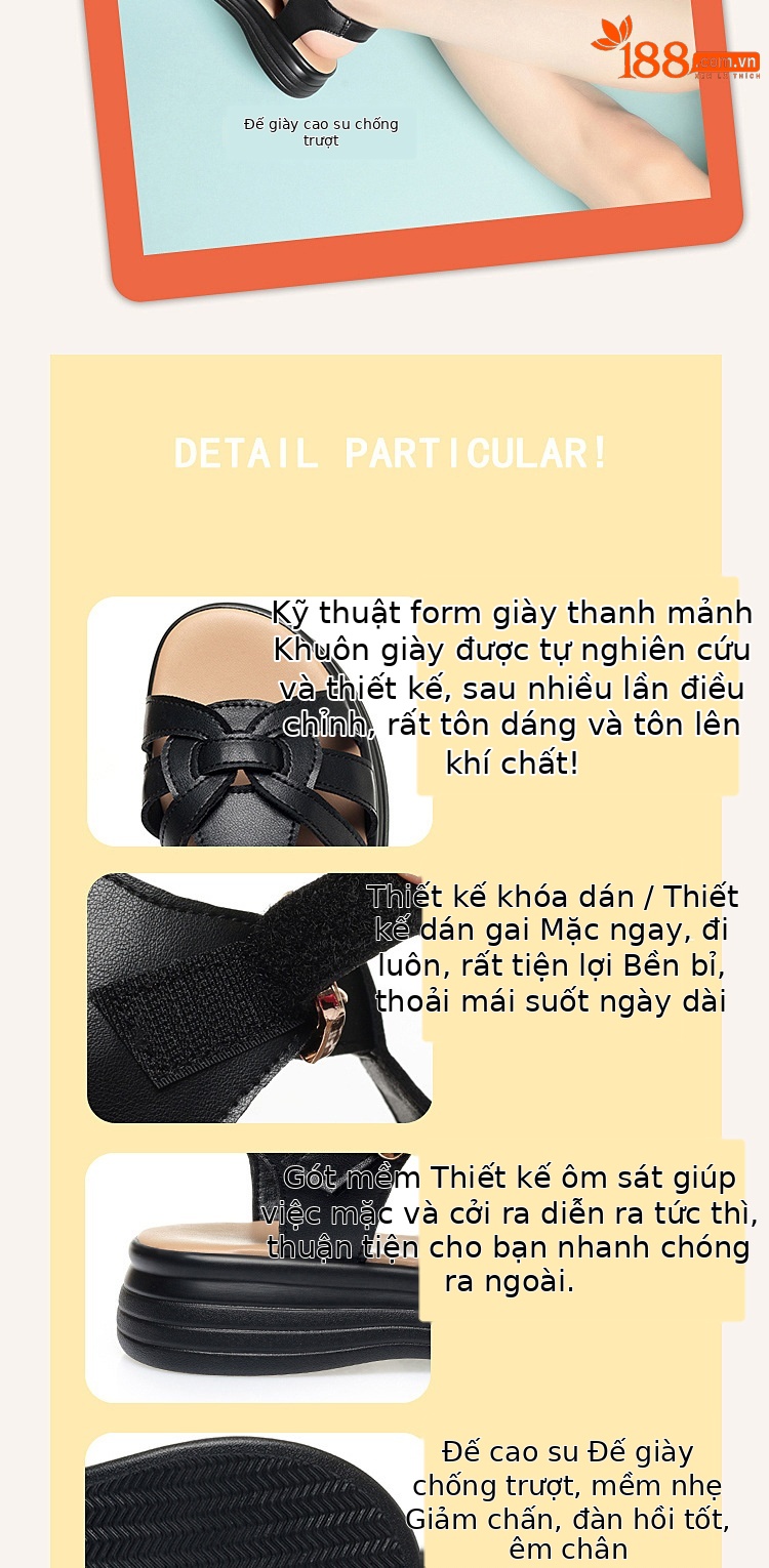Sandal da bò nữ đế bệt mềm chống trượt — đen chi tiết 2