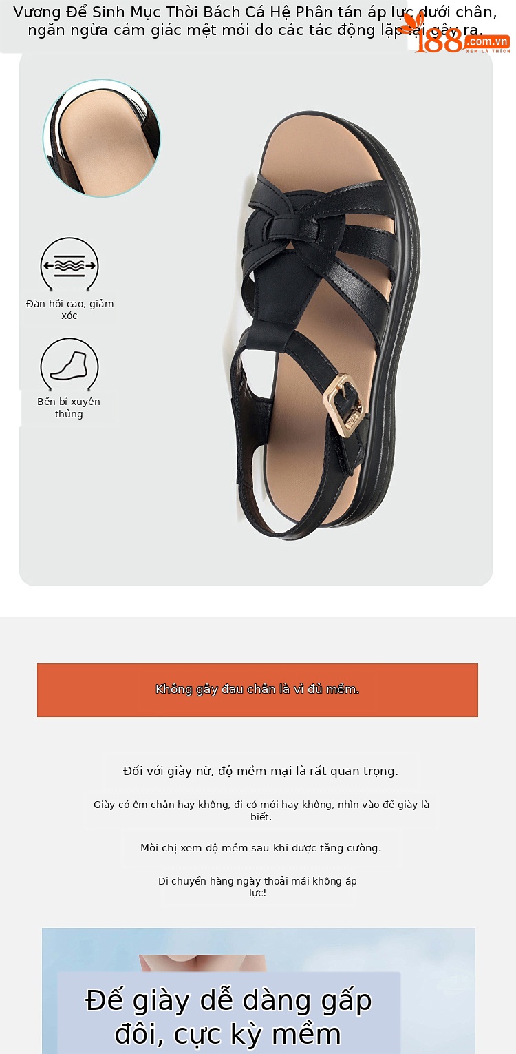 Sandal da bò nữ đế bệt mềm chống trượt — đen chi tiết 6