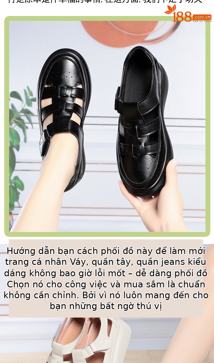 Dép sandal nữ da thật mũi kín quai chữ V đế dày — đen chi tiết 2