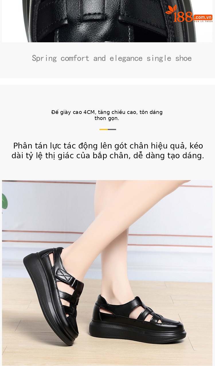 Dép sandal nữ da thật mũi kín quai chữ V đế dày — đen chi tiết 5