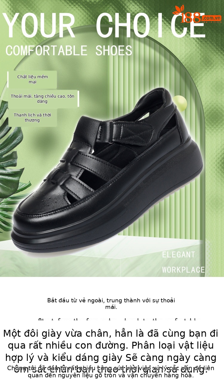 Dép sandal nữ da thật mũi kín quai chữ V đế dày — đen chi tiết 1