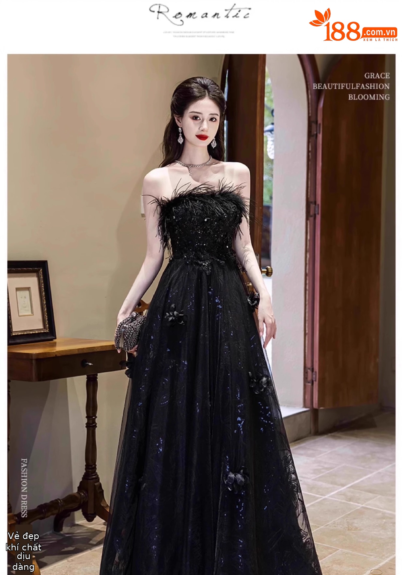 Váy dạ hội quây dáng suông midi chất satin mềm mại — đen chi tiết 1
