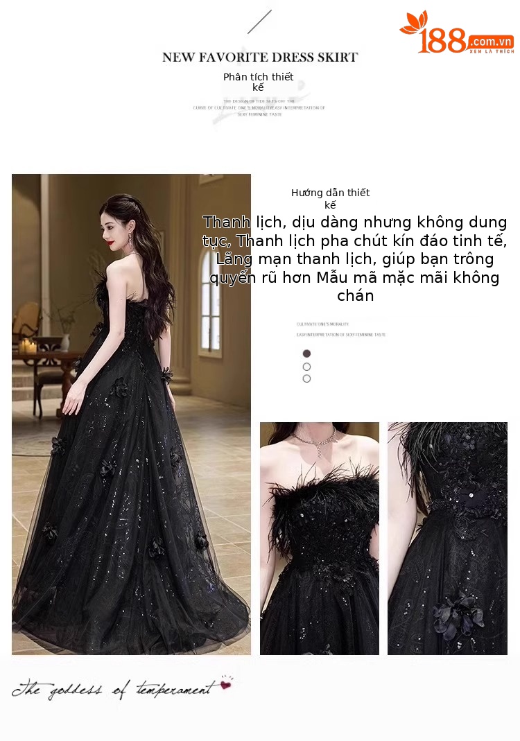 Váy dạ hội quây dáng suông midi chất satin mềm mại — đen chi tiết 3