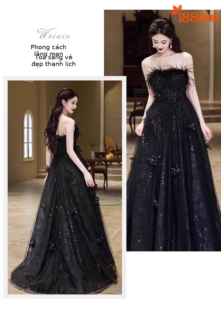 Váy dạ hội quây dáng suông midi chất satin mềm mại — đen chi tiết 14