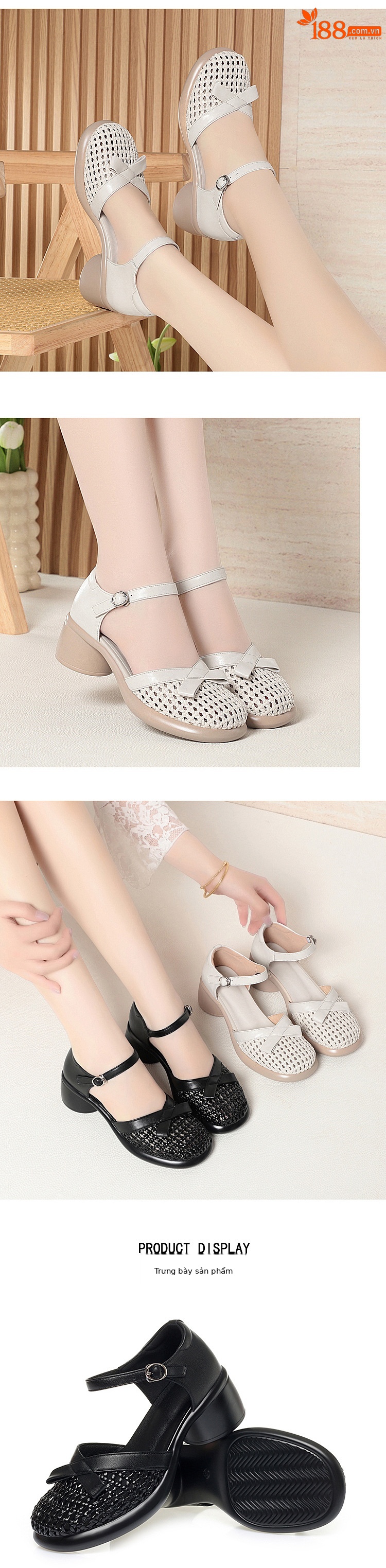 Sandal hở mũi nữ quai ngang da thật đế dày — màu be chi tiết 6