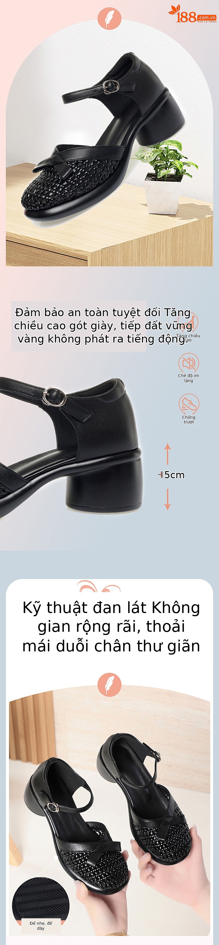Sandal hở mũi nữ quai ngang da thật đế dày — màu be chi tiết 2