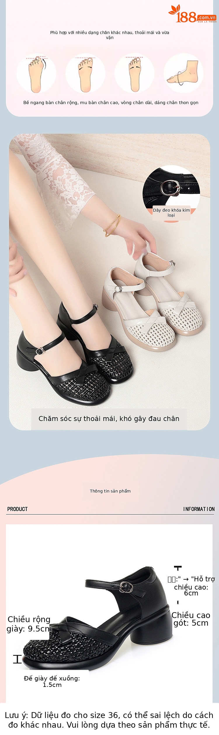 Sandal hở mũi nữ quai ngang da thật đế dày — màu be chi tiết 3