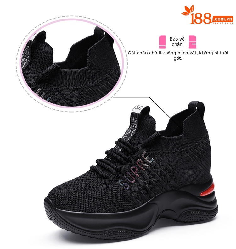 Giày sneaker nữ đế dày tăng chiều cao thoáng khí 2025 — LJ 9113 màu đỏ, LJ 9125 đen trắng thoáng mát phong cách mùa hè, LJ 8117 màu đen, JST 10115 đen đỏ chi tiết 7