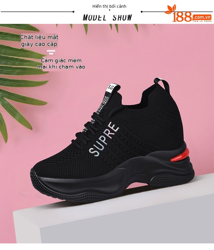 Giày sneaker nữ đế dày tăng chiều cao thoáng khí 2025 — LJ 9113 màu đỏ, LJ 9125 đen trắng thoáng mát phong cách mùa hè, LJ 8117 màu đen, JST 10115 đen đỏ chi tiết 8