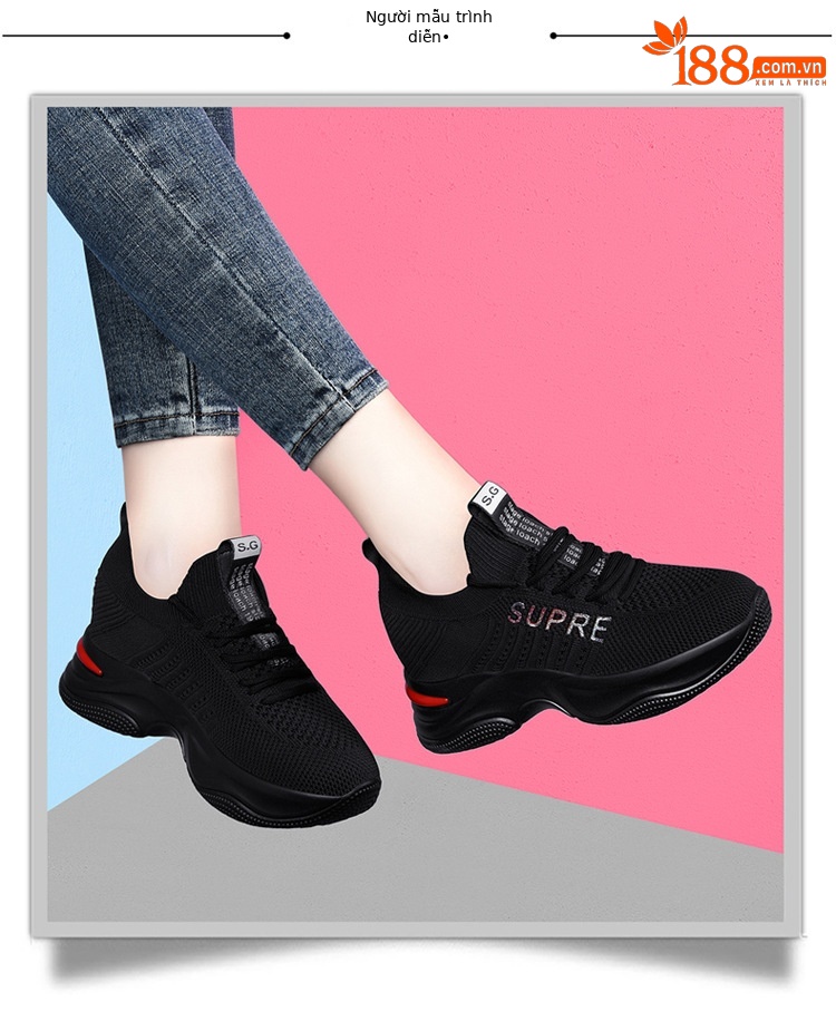 Giày sneaker nữ đế dày tăng chiều cao thoáng khí 2025 — LJ 9113 màu đỏ, LJ 9125 đen trắng thoáng mát phong cách mùa hè, LJ 8117 màu đen, JST 10115 đen đỏ chi tiết 15