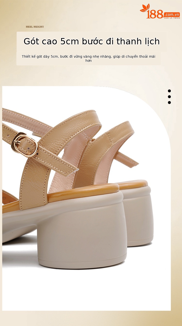 Sandal nữ da thật gót vuông cao đế mềm quai ngang — Màu đen chi tiết 8