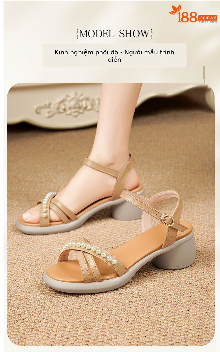 Sandal nữ da thật gót vuông cao đế mềm quai ngang — Màu đen chi tiết 12