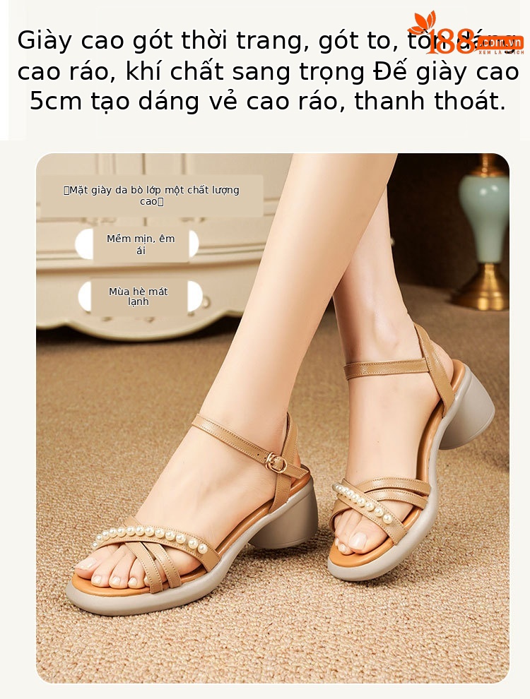 Sandal nữ da thật gót vuông cao đế mềm quai ngang — Màu đen chi tiết 13