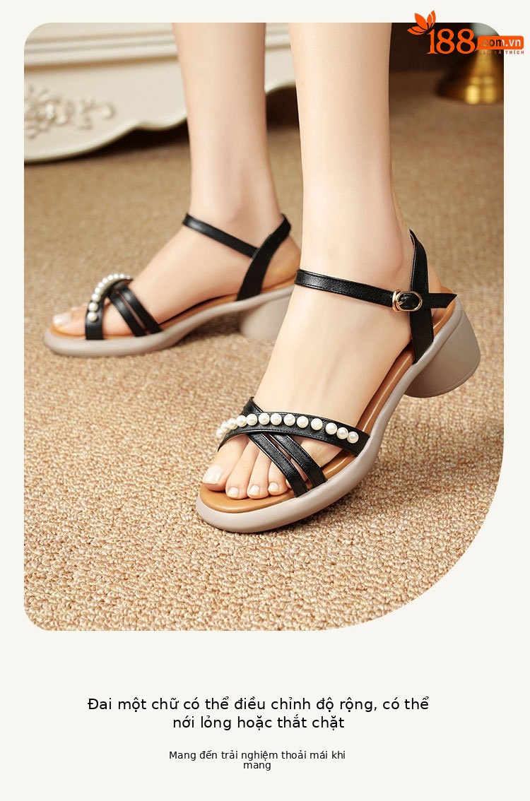Sandal nữ da thật gót vuông cao đế mềm quai ngang — Màu đen chi tiết 17