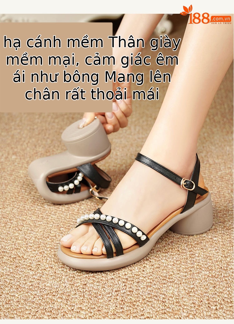 Sandal nữ da thật gót vuông cao đế mềm quai ngang — Màu đen chi tiết 19