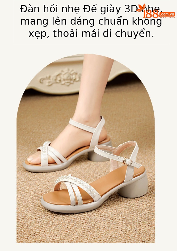 Sandal nữ da thật gót vuông cao đế mềm quai ngang — Màu đen chi tiết 20