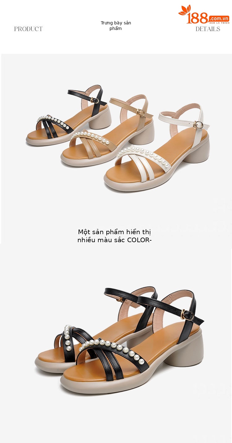 Sandal nữ da thật gót vuông cao đế mềm quai ngang — Màu đen chi tiết 24