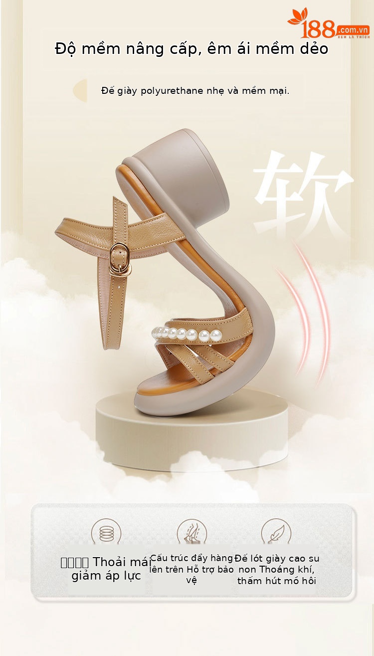 Sandal nữ da thật gót vuông cao đế mềm quai ngang — Màu đen chi tiết 5