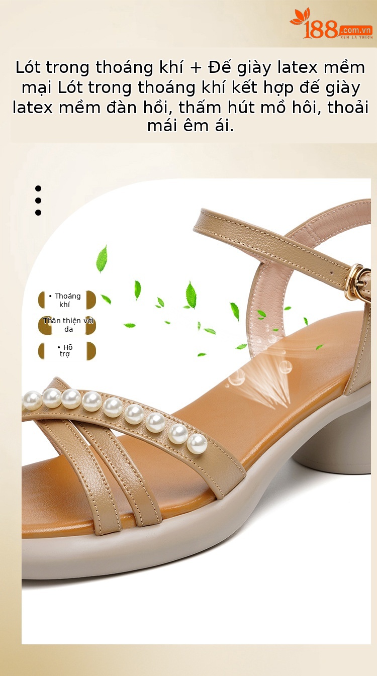 Sandal nữ da thật gót vuông cao đế mềm quai ngang — Màu đen chi tiết 9