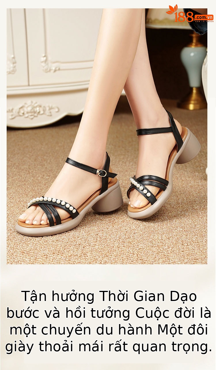 Sandal nữ da thật gót vuông cao đế mềm quai ngang — Màu đen chi tiết 18