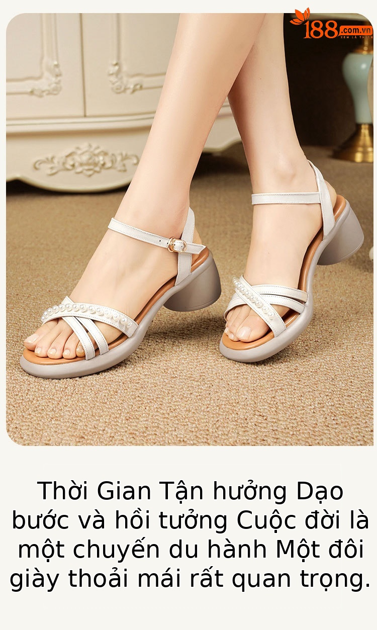 Sandal nữ da thật gót vuông cao đế mềm quai ngang — Màu đen chi tiết 23