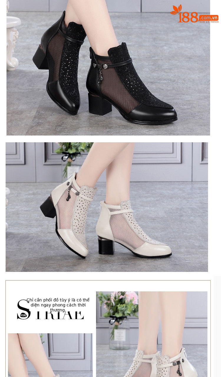 Giày boot nữ cổ thấp da thật lưới thoáng khí gót dày — đen chi tiết 5