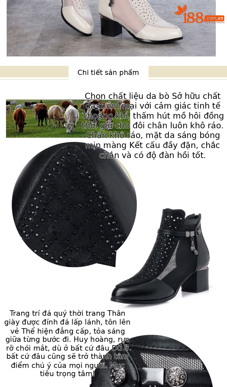 Giày boot nữ cổ thấp da thật lưới thoáng khí gót dày — đen chi tiết 7