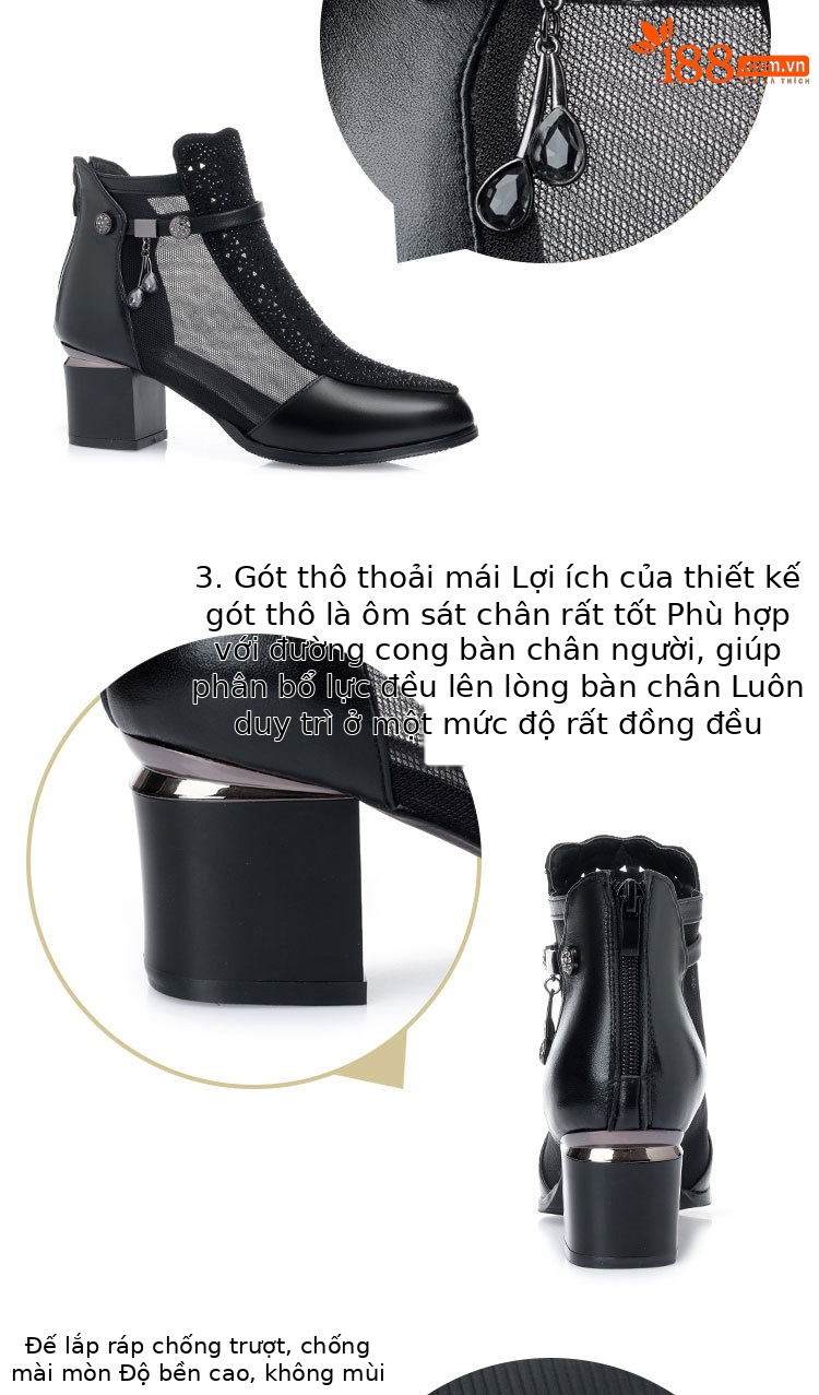 Giày boot nữ cổ thấp da thật lưới thoáng khí gót dày — đen chi tiết 8