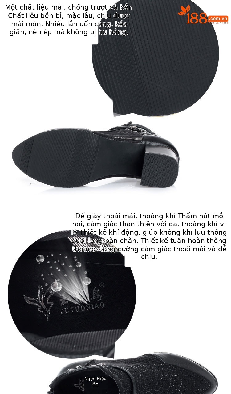 Giày boot nữ cổ thấp da thật lưới thoáng khí gót dày — đen chi tiết 9