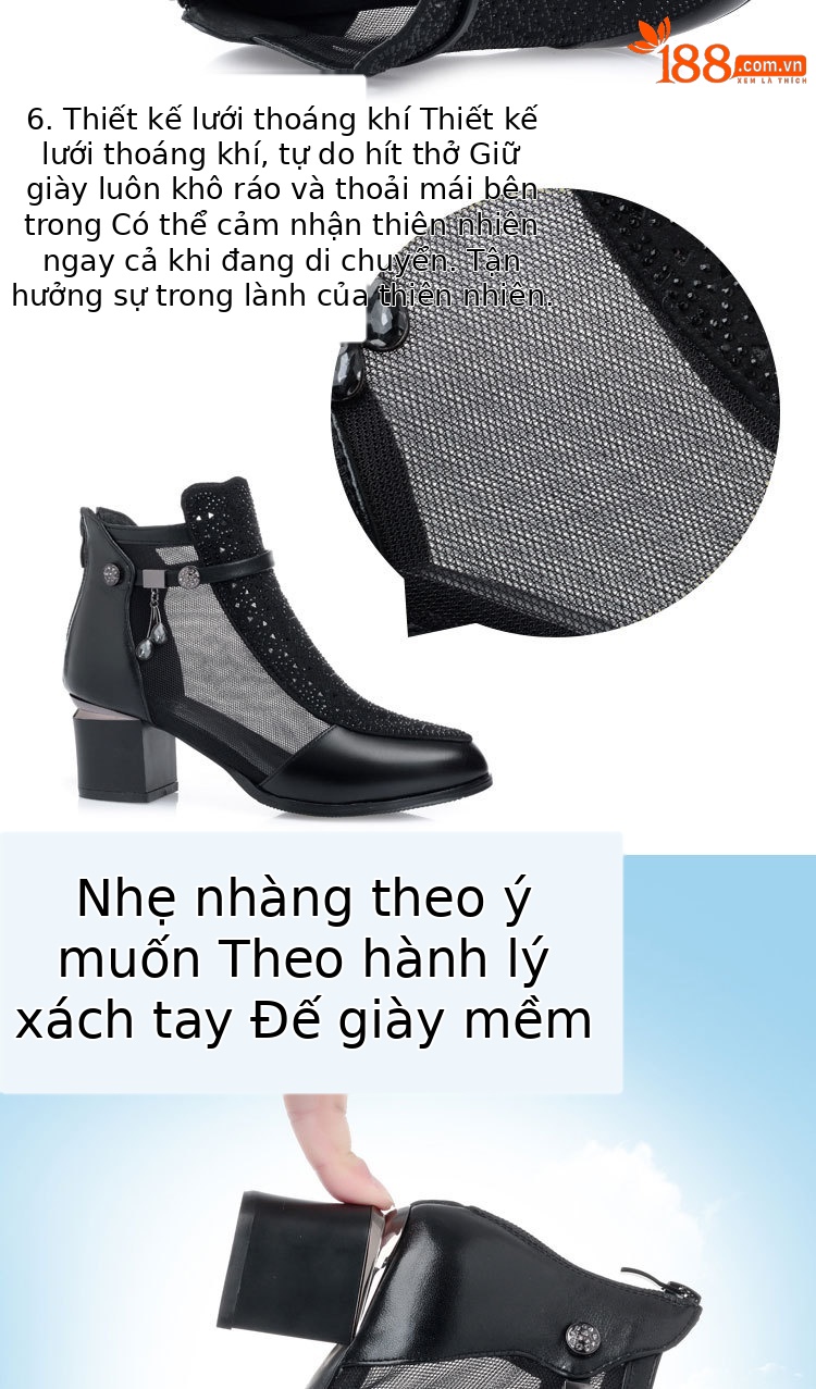 Giày boot nữ cổ thấp da thật lưới thoáng khí gót dày — đen chi tiết 10