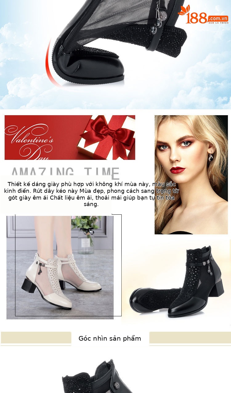 Giày boot nữ cổ thấp da thật lưới thoáng khí gót dày — đen chi tiết 11