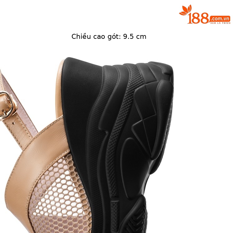 Sandal nữ hở mũi đế xuồng gót cao 9 cm, da bò lưới phối miệng cá — Màu trắng be chi tiết 10