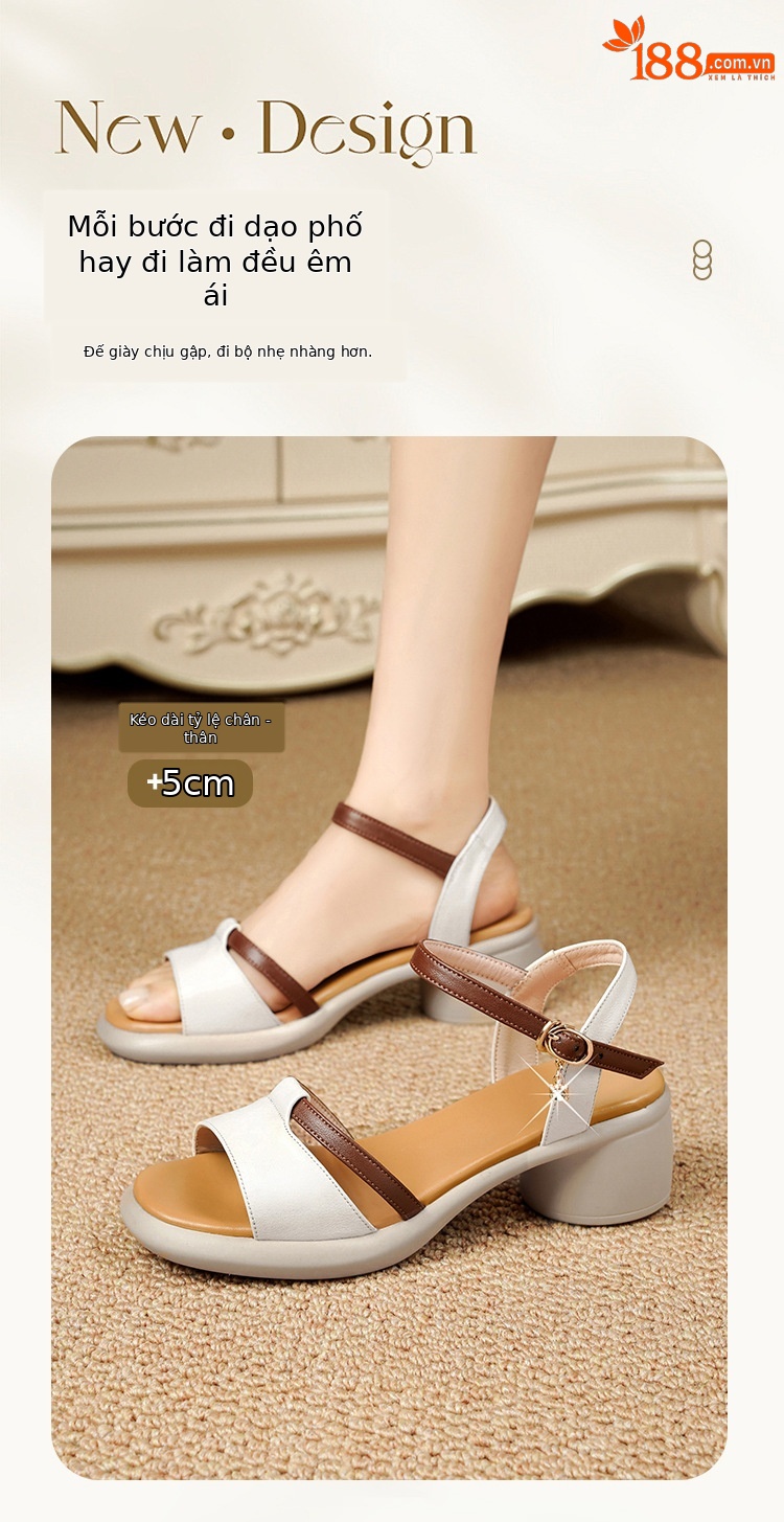 Sandal cao gót nữ da thật đế dày thoải mái mùa hè — Màu đen chi tiết 2