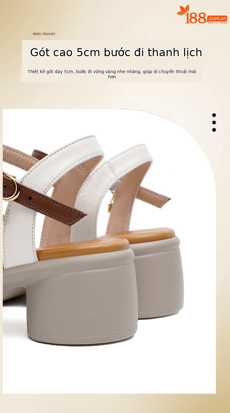 Sandal cao gót nữ da thật đế dày thoải mái mùa hè — Màu đen chi tiết 8