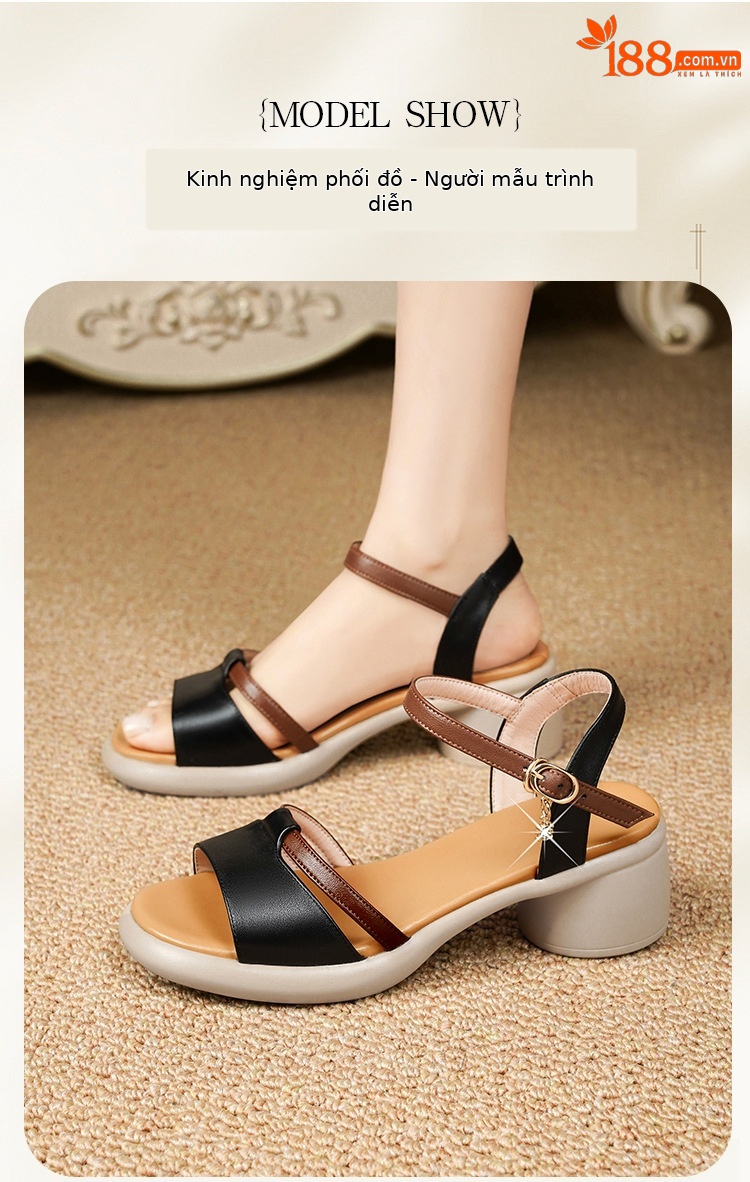 Sandal cao gót nữ da thật đế dày thoải mái mùa hè — Màu đen chi tiết 12