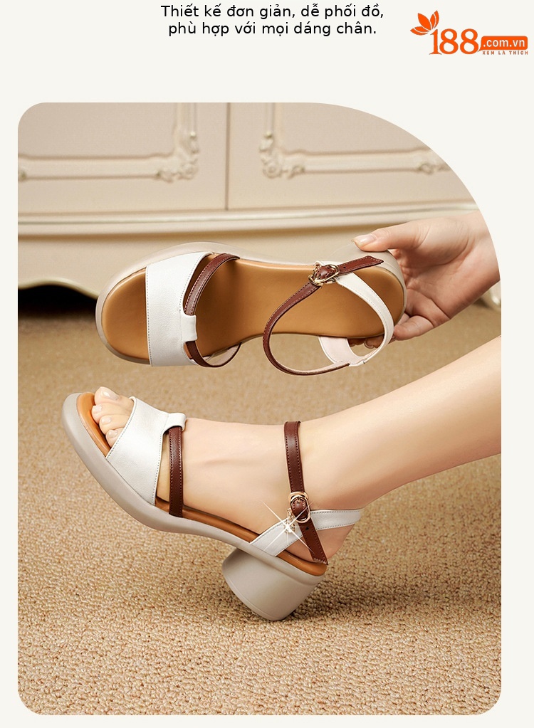 Sandal cao gót nữ da thật đế dày thoải mái mùa hè — Màu đen chi tiết 16