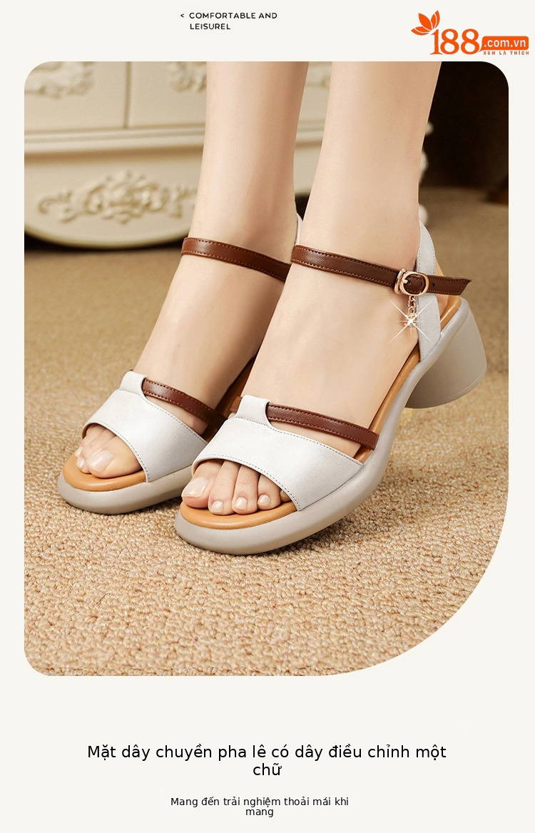Sandal cao gót nữ da thật đế dày thoải mái mùa hè — Màu đen chi tiết 17