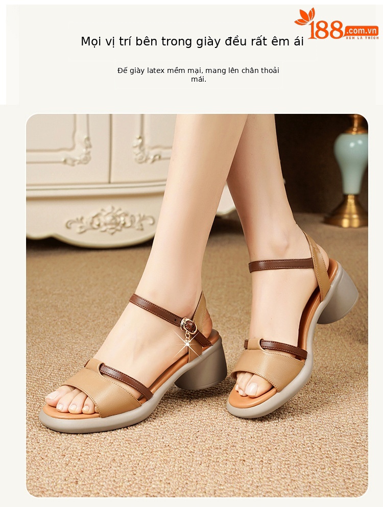 Sandal cao gót nữ da thật đế dày thoải mái mùa hè — Màu đen chi tiết 20