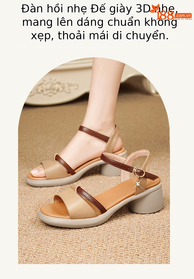 Sandal cao gót nữ da thật đế dày thoải mái mùa hè — Màu đen chi tiết 21