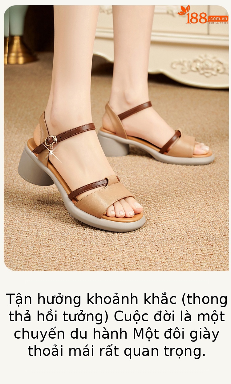Sandal cao gót nữ da thật đế dày thoải mái mùa hè — Màu đen chi tiết 24