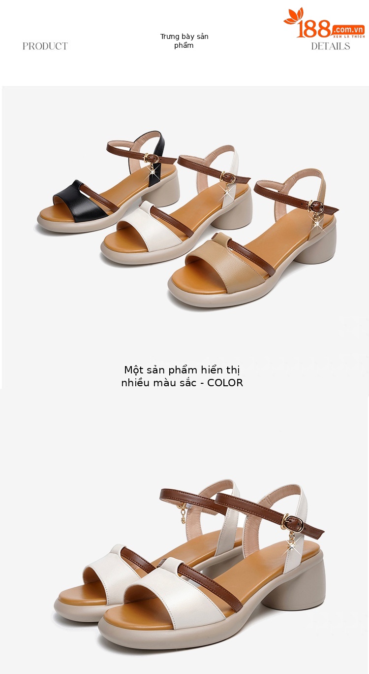 Sandal cao gót nữ da thật đế dày thoải mái mùa hè — Màu đen chi tiết 25