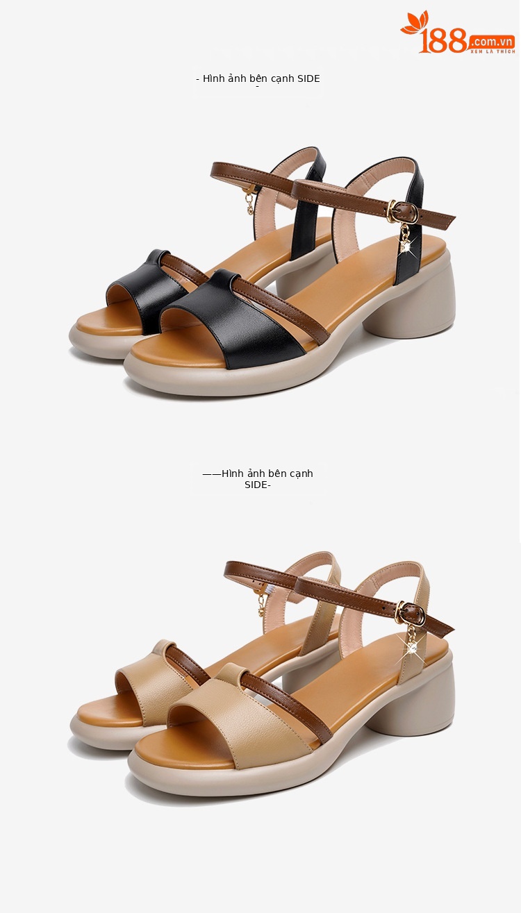 Sandal cao gót nữ da thật đế dày thoải mái mùa hè — Màu đen chi tiết 26
