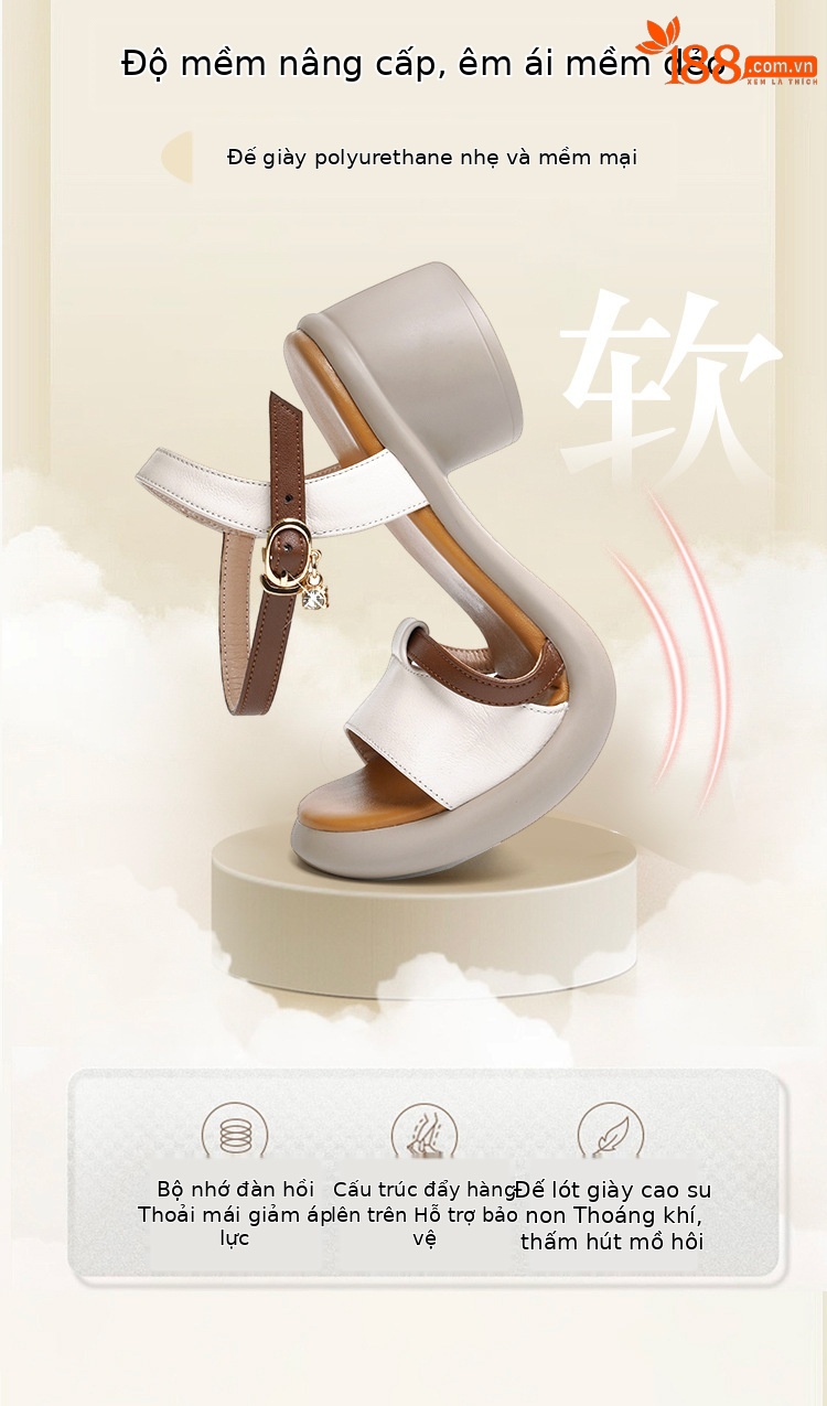Sandal cao gót nữ da thật đế dày thoải mái mùa hè — Màu đen chi tiết 5