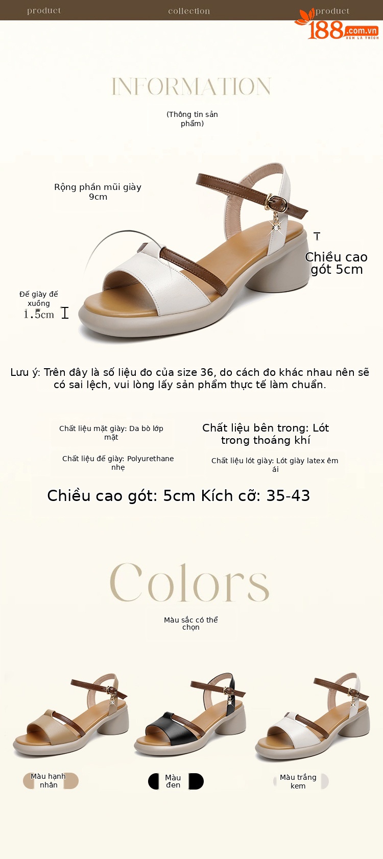 Sandal cao gót nữ da thật đế dày thoải mái mùa hè — Màu đen chi tiết 6