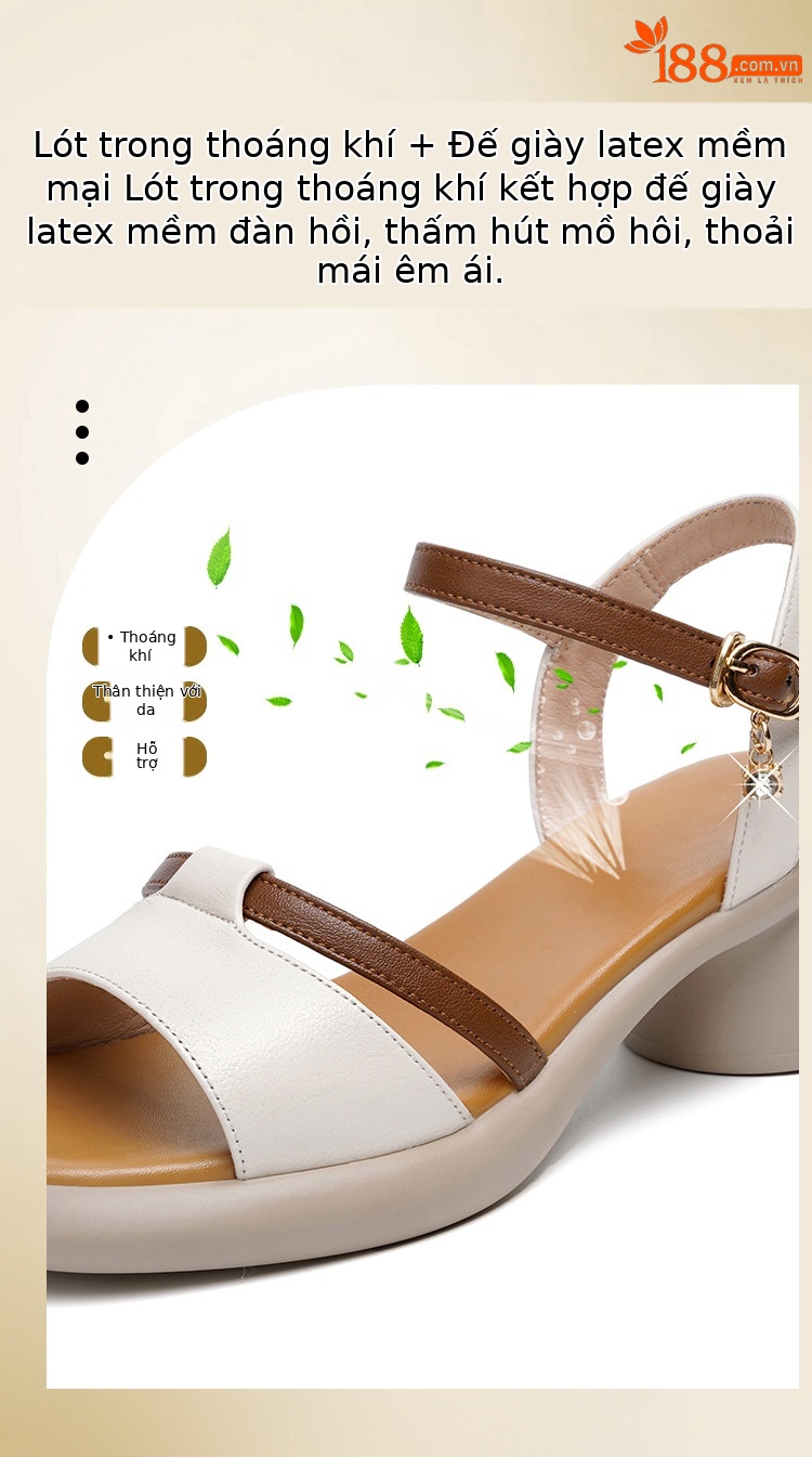 Sandal cao gót nữ da thật đế dày thoải mái mùa hè — Màu đen chi tiết 9
