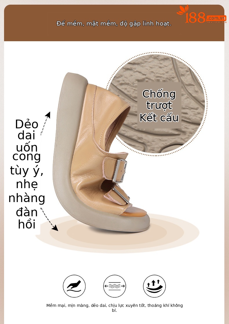 Dép quai hậu miệng cá nữ da mềm đế bệt đi biển mùa hè — nâu chi tiết 4