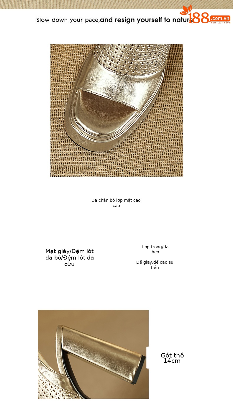 Sandal cao gót nữ da thật gót vuông đế rỗng hở mũi quai ngang — Màu đỏ rượu chi tiết 2