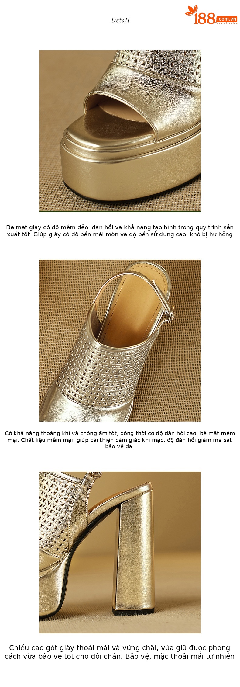 Sandal cao gót nữ da thật gót vuông đế rỗng hở mũi quai ngang — Màu đỏ rượu chi tiết 3