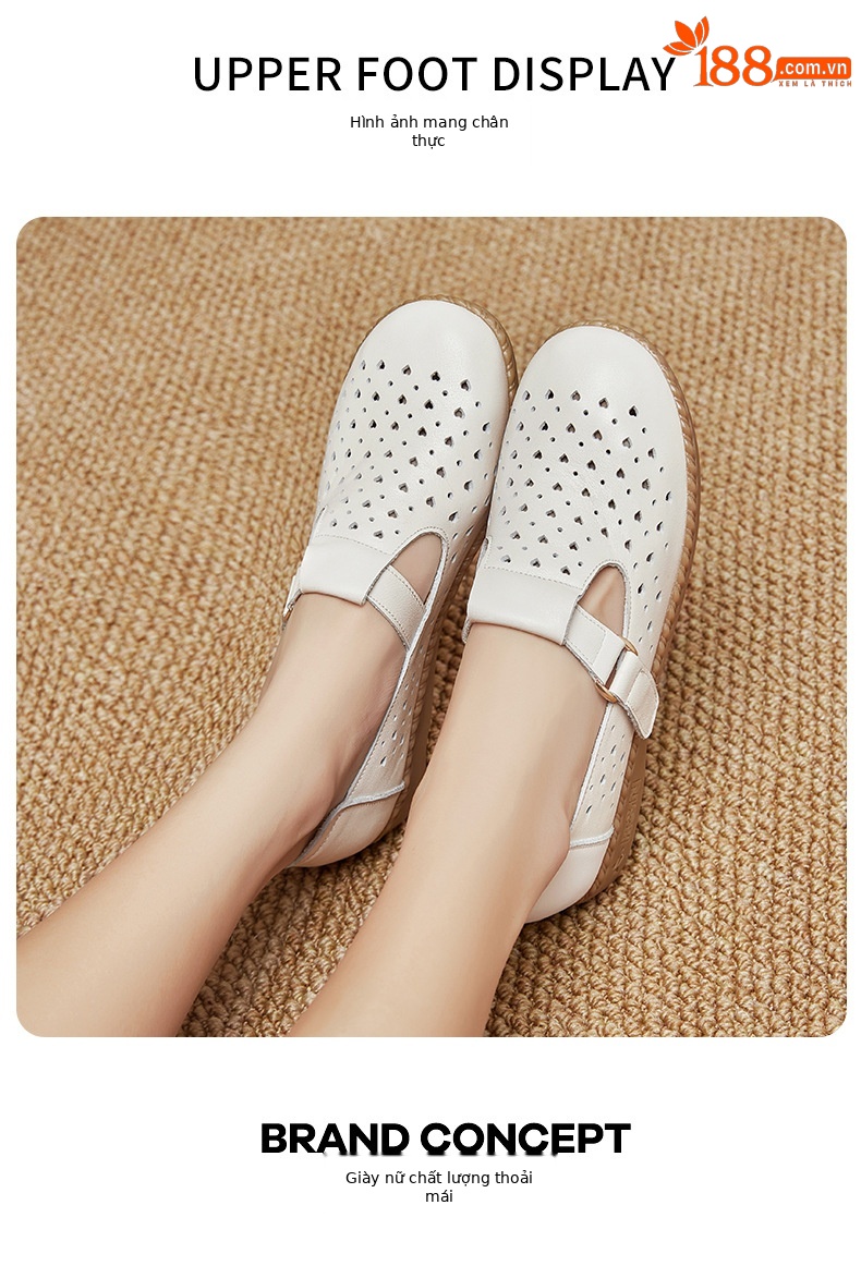 Dép sandal nữ da thật đế mềm thoáng khí, giày lỗ mùa hè — Đỏ rượu chi tiết 10
